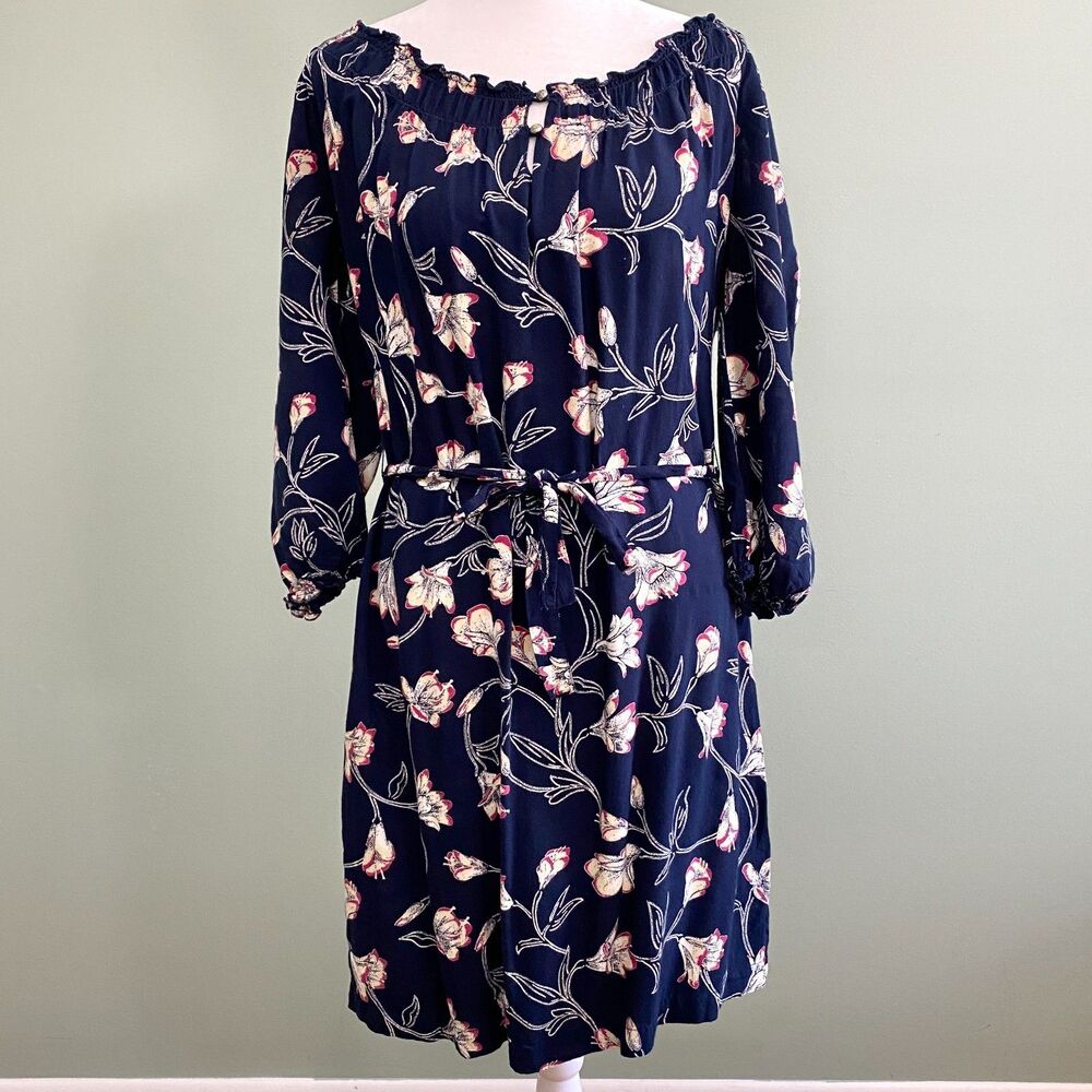 Lucky Brand Floral Dress Womens Medium Blue Knee Length Long Sleeve Tie Waist